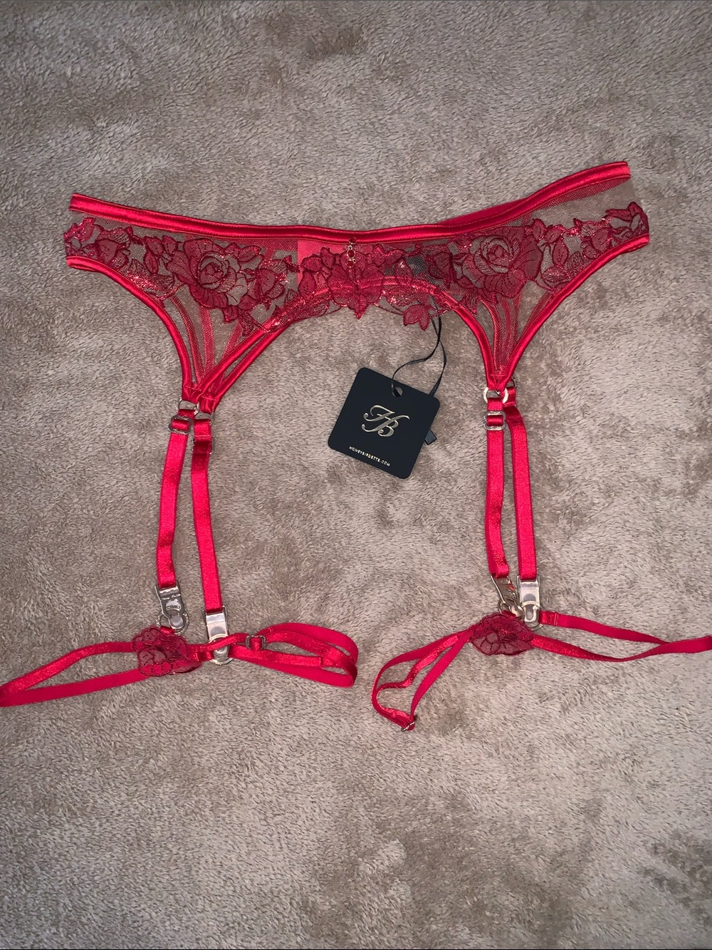 Honey Birdette “Rosaline”Red Lace Garter Belt with Floral Embroidery